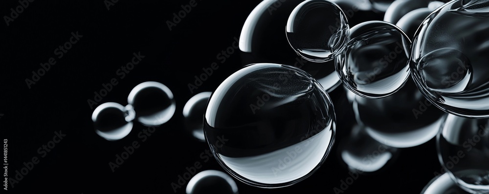 Poster close-up of transparent bubbles floating against a black background, creating a serene atmosphere.