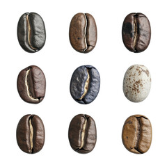 Display of coffee beans in different stages of roasting.