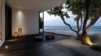 Coastal Zen Retreat.  Tranquil beachfront patio with modern minimalist design, featuring dark wood flooring, pebble landscaping, and ambient lighting.