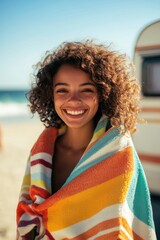 Smiling young woman wrapped in colorful beach towel posing at sunny seaside vacation destination enjoying summer fun and relaxation by ocean waves.