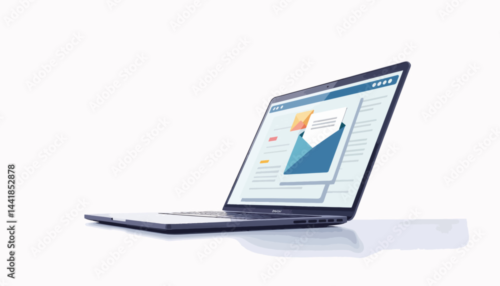 Poster laptop displaying email interface in minimalist workspace, digital communication