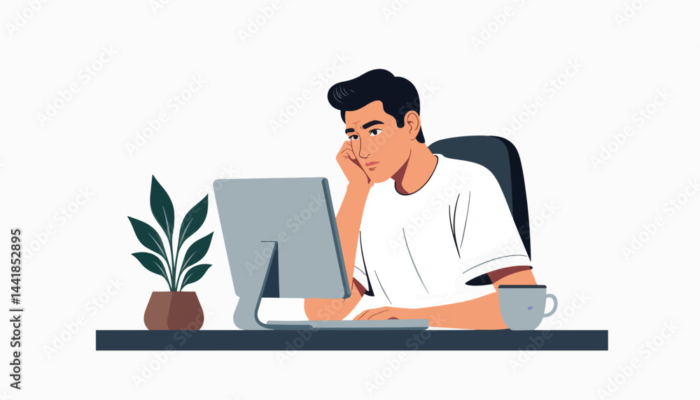 Poster bored man gazing at computer in minimalistic workspace, work monotony