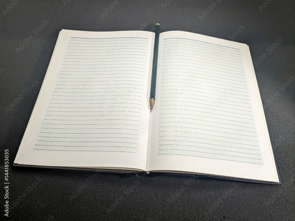 Poster a wide shot of an open lined notebook with a dark graphite pencil resting in the middle, ready for w