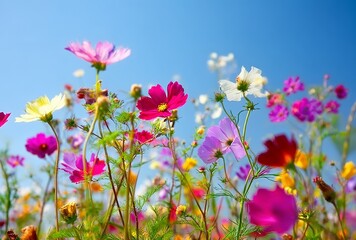 Fototapeta premium Vibrant wildflowers in full bloom under a clear blue sky captured in macro with rich color details, natural light, and shallow depth of field showcasing the beauty of spring and nature