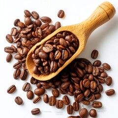 Obraz premium Coffee beans with wooden scoop on white background