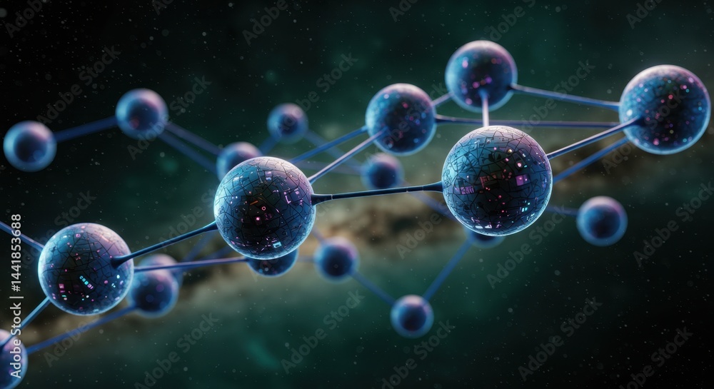 Poster cosmic molecular structure: a futuristic network of interconnected spheres in deep space