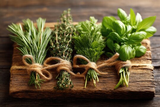 Fresh herbs arranged on a rustic wooden board.