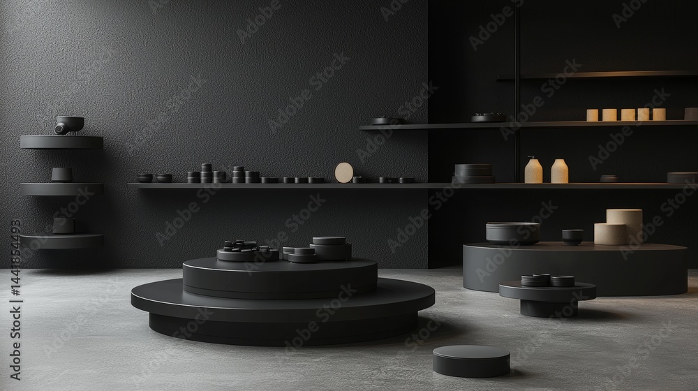 Poster minimalist black interior design with geometric shapes and curated objects for modern spaces.