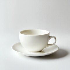 Minimalist white cup and saucer on a white background.