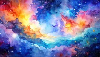 Vibrant Watercolor Painting of a Colorful Nebula Galaxy with Stars