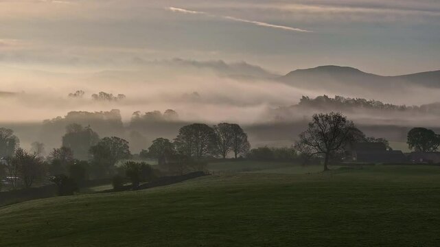 Misty Sunrise Over the Yorkshire Dales Near Malham, England