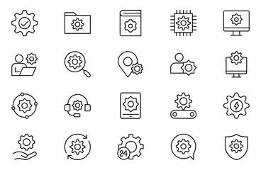 Set of Setup and Settings Related Vector Line Icons. Contains such Icons as Installation Wizard, Download, Restore Options and more. Editable Stroke.