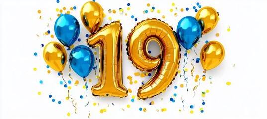 Golden Number 19 Balloon For 19th Birthday Celebration With Festive Balloons And Confetti