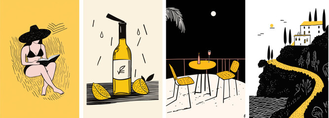 Summer holiday in Europe. Set of European summer holiday hand drawn style scenes