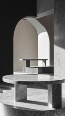 Modern architectural design featuring sleek, minimalist elements and contrasting tones.