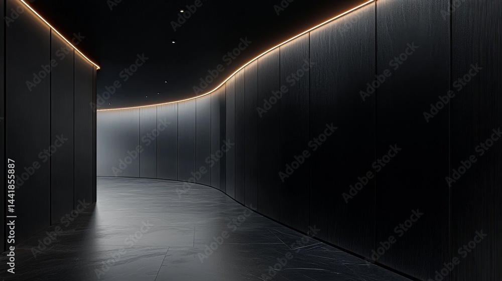 Poster modern corridor with sleek design and ambient lighting, creating a futuristic atmosphere.