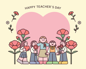 Cute children giving carnations and heart gifts to a smiling teacher in front of a big pink heart. Perfect for Teacher’s Day appreciation illustrations.