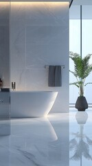 Modern bathroom with sleek design, marble floors, and elegant lighting features.