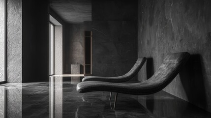 Modern interior design showcasing sleek black furniture and reflective surfaces.