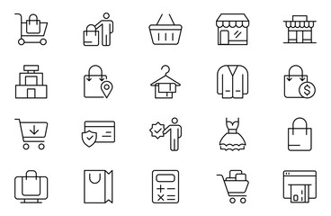 Shopping line icon set. Contains icons as mobile shop, shopping cart, testimonials, shipping and delivery, fashion and more.