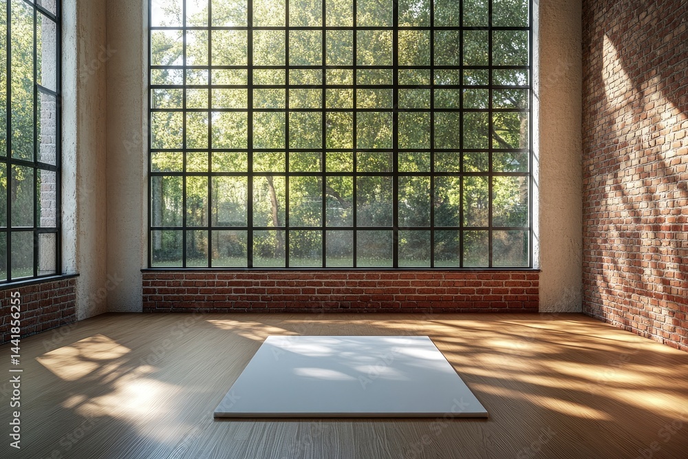 Poster empty room with large window and white canvas
