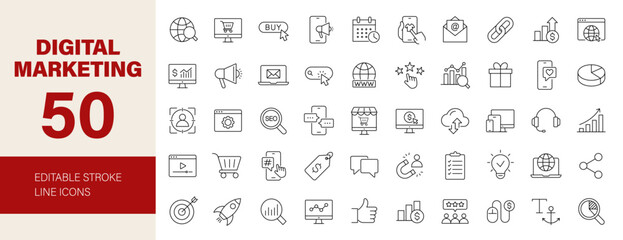 Digital marketing icon set. Online marketing related line icons: advertising, sales, SEO, content, website, social media, email, target, analytics and more. Editable stroke. Vector illustration.