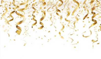 Obraz premium Golden confetti and ribbons on a white background for New Year celebration, festive vector illustration
