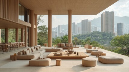Fototapeta premium Contemporary living room with panoramic city view highlighted by modern furniture and stylish design elements for comfort