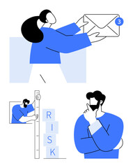 Woman handling new email notifications, man measuring stacked risk blocks, and thinker evaluating scenarios. Ideal for communication, teamwork, strategy, decision-making, risk assessment