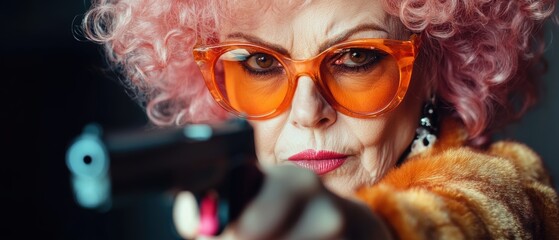 Senior woman with pink hair and oversized glasses holding a gun, fierce expression, empowerment, confidence, attitude, fashion, bold style, dramatic portrait.