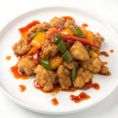 Fototapeta premium Top view of Tangsuyuk (sweet and sour pork) crispy pieces drizzled with vibrant sauce. Isolated on a White background