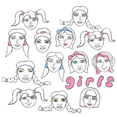 Vector outline face people. Hand drawn line art illustration. Heads of a girls, women in the style of a Doodle, isolated on a white background. Different and beautiful.