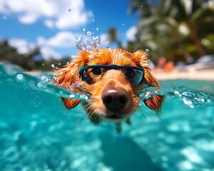 Dog wearing sunglasses swims underwater in turquoise water
