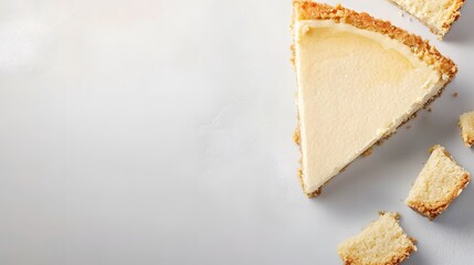 A creamy triangular slice of cheesecake with a golden crust sits on a bright, clean surface, surrounded by scattered crumbs, creating a tempting dessert scene.