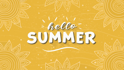 A yellow textured summer-themed banner featuring “Hello Summer” in bold typography, surrounded by sunburst patterns 