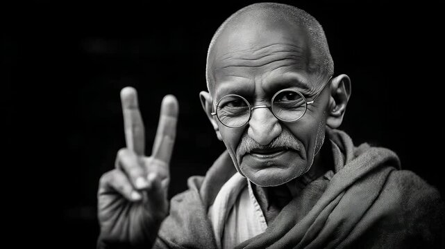 Portrait of a historical leader making a peace gesture, highlighting wisdom and calmness in black and white