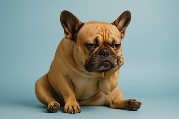 Obraz premium A grumpy French bulldog sits on a blue background, resting its chin on its paw, showing a deeply bored and comically annoyed expression, ideal for humor and personality-driven content