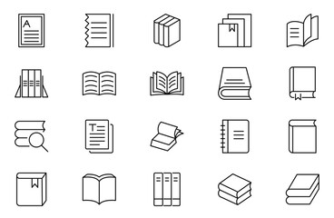 Book line icons set. Flyer leaflet, catalogue, booklet, magazine, letterhead, open book and other polygraphy vector illustration. Outline signs for print shop. Editable Stroke