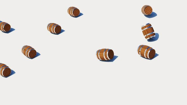 Many barrels rolling down on white background. 3d animation