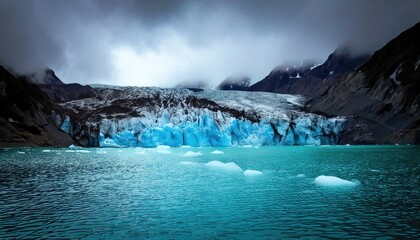 A stunning glacier descends into a teal lake under a cloudy, dramatic sky in a rugged mountainous landscape.
