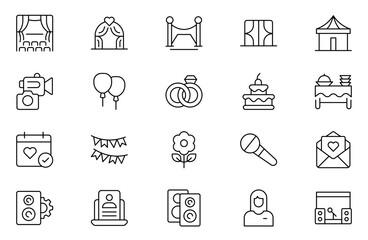 Events and Planning icon set. Includes balloon, confetti, party hat, gift, event ticket, decoration, and more. Editable stroke. Vector illustration