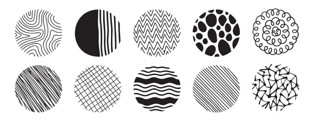 round abstract pattern hand drawn doodle shapes. spots, drops, curves and lines. trendy vector circles template