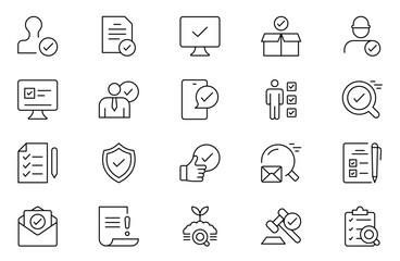 Inspection outline icons set. Pack of inspection, hire, calculation money, coaching, protection, cooperation, success, task. Vector illustration