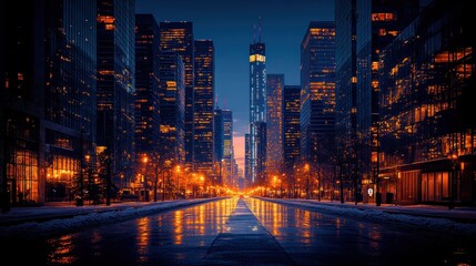 Fototapeta premium Night Cityscape: Illuminated Skyscrapers Reflecting on a Wet Street in Winter