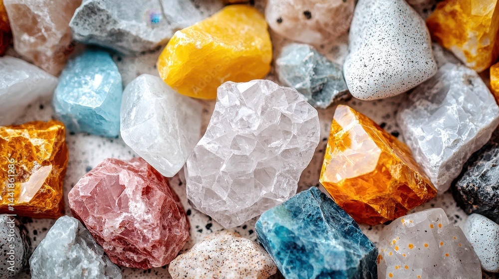 Poster a diverse collection of colorful crystals displaying a variety of shapes and gleaming colors in a na