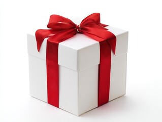 White gift box with red ribbon on white background, high-resolution photorealistic design, perfect for holiday and celebration use.