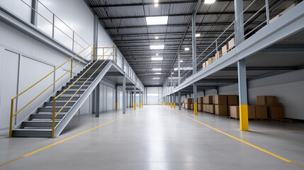 Spacious warehouse interior showcasing metal staircase, stacked cardboard boxes, concrete floor with yellow marking lines, representing efficient storage organization
