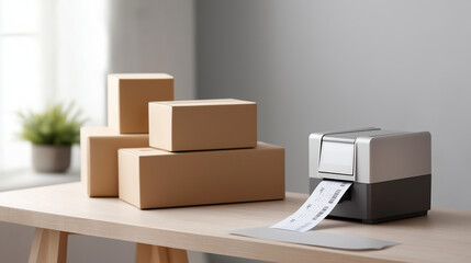 Thermal printer generating shipping labels near stacked cardboard boxes, representing streamlined home office order processing and efficient shipping workflow