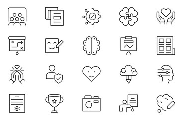 Positive thinking web icons set in thin line design. Pack of family value, reflection, emotional control, confidence, gratitude, relationship, other outline stroke pictograms. Illustration.