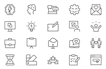 Positive thinking web icons set in thin line design. Pack of family value, reflection, emotional control, confidence, gratitude, relationship, other outline stroke pictograms. Illustration.